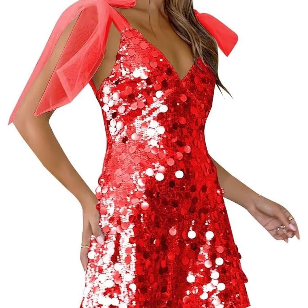 Red Sequin Dress with Sheer Bow Straps